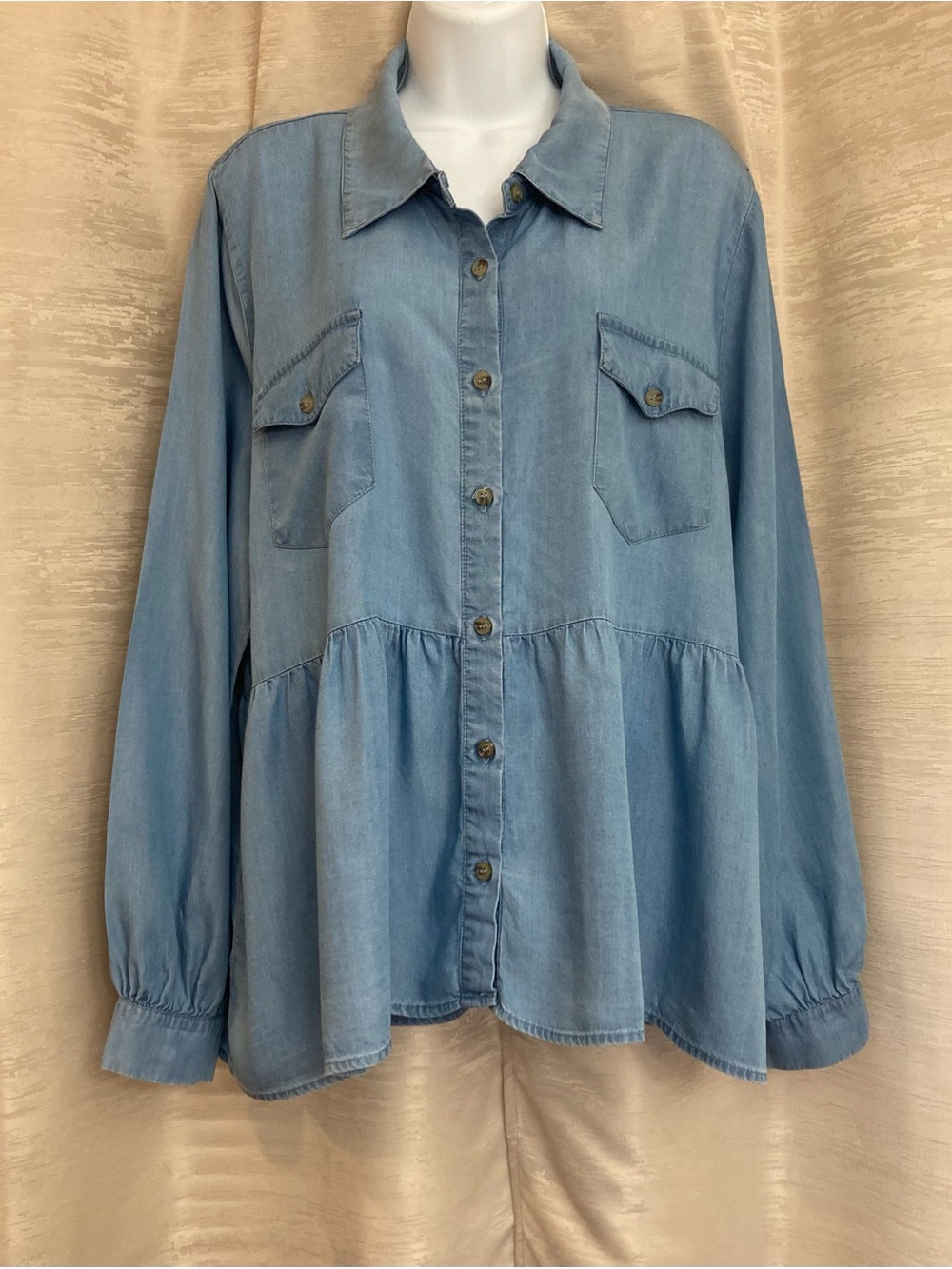 Blu Pepper Light Blue Button-Front Peplum Shirt 2XL